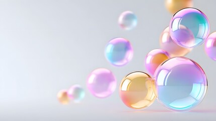 Abstract composition featuring luminous colorful iridescent bubbles and orbs with soft reflections creating a dreamy and ethereal atmosphere on a clean studio background