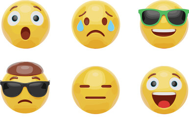 Fototapeta premium Yellow 3D emoji character set with various expressions including surprised crying happy and cool with sunglasses for social communication