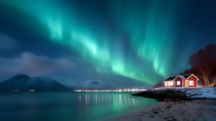 Vibrant aurora borealis illuminates a serene winter night sky above a remote coastline featuring a small red house snow covered mountains and reflective water