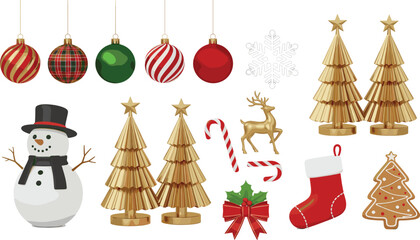 Festive Christmas holiday vector set with golden trees snowman red ornaments reindeer and winter decorations for seasonal greeting cards © Sumona