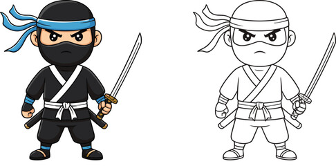 Cute kawaii ninja warrior character set with colored and line art versions holding a katana sword for children design © Sumona