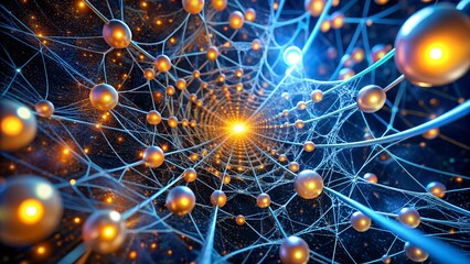 A digital neural network in the form of a tunnel with golden glowing spheres, a concept of blockchain, quantum computing, and deep learning neural networks.