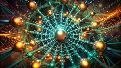 An abstract futuristic-technological background featuring a turquoise web of neural tissue and spheres placed on it. Conceptual concepts of artificial intelligence, deep learning, and data transfer.