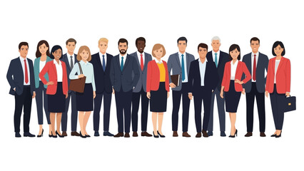 Group of diverse business professionals standing together in formal attire, ready for work.