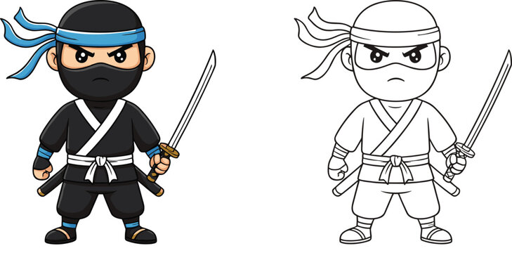 Cute kawaii ninja warrior character set with colored and line art versions holding a katana sword for children design
