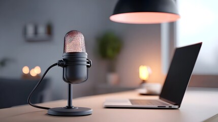 Modern podcasting setup with a microphone and laptop on a desk bathed in the warm glow of an overhead lamp perfect for home studios and creative work