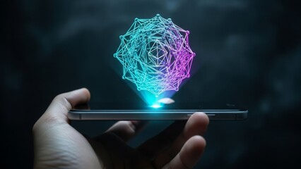 Hand holding smartphone with glowing blue and pink network graphic
