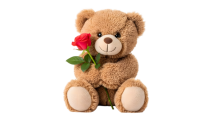 A cute teddy bear isolated on transparent background holding a rose
