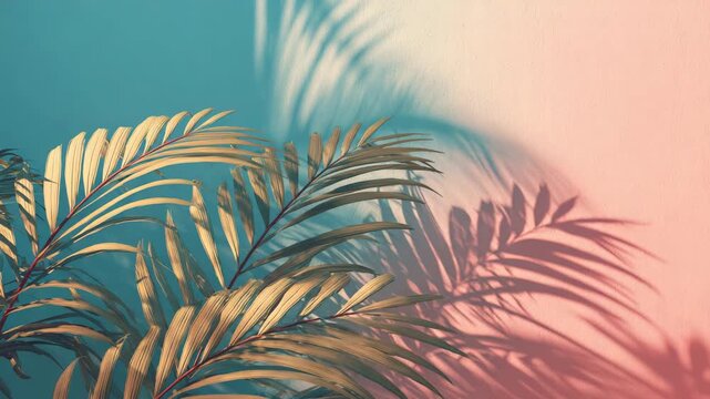 Lush tropical palm leaves with natural shadows on a vibrant split-tone background creating a stylish summer aesthetic for various design projects