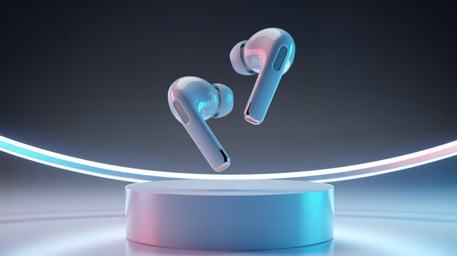 Sleek White Wireless Earbuds Levitating Over a Modern Podium with Vibrant Neon Lighting