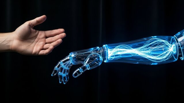 Human hand connecting with robotic arm in futuristic technology - Powered by Adobe