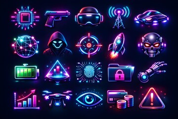Futuristic technology icons with neon glow on dark background