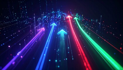 Ascending Pathways: A mesmerizing perspective of vibrant, glowing arrows, illustrating progress and innovation, set against a deep black backdrop, evokes futuristic technology.