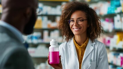 A confident pharmacist engages with a customer, showcasing a vibrant pink product in a well-stocked pharmacy, highlighting professionalism and customer service in healthcare.