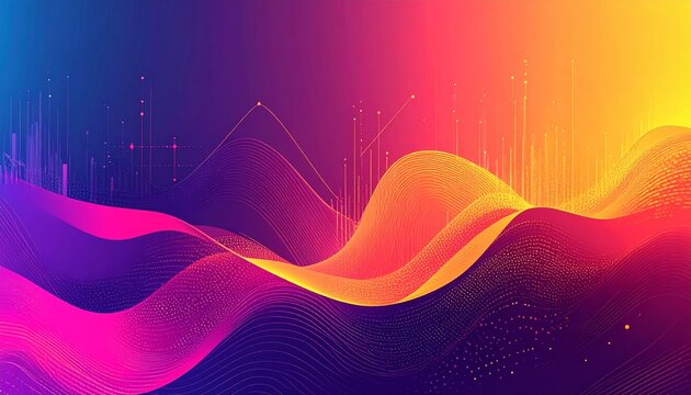 Futuristic city skyline with dynamic financial data waves and glowing neon analytics visualization - Powered by Adobe