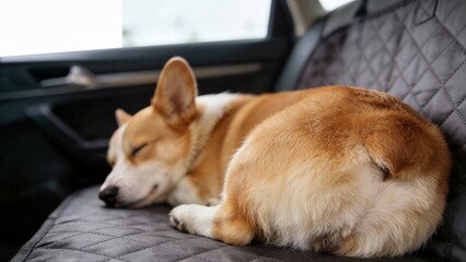A cute corgi dog sleeps soundly on a gray quilted car seat cover during a road trip with a blurred background.