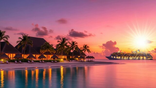 Tropical sunset cruise scene coastal landscape illuminated buildings and ocean reflections