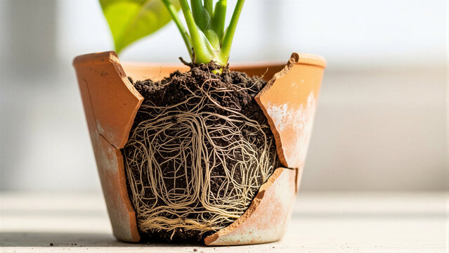 Root-bound plant in broken clay pot