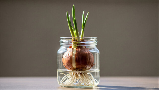 Onion bulb sprouting in water in clear jar