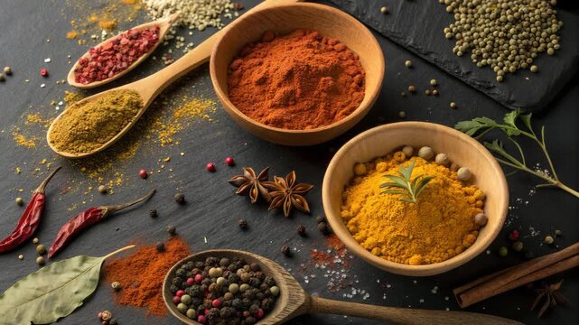 Vibrant Spice Powders and Whole Spices Arranged on Dark Slate Background with Wooden Spoons and Bowls