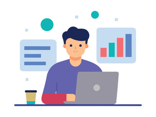 Man Analyzing Business Data on Laptop Flat Vector Illustration