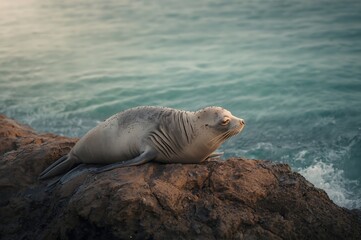 Fototapeta premium Seal resting on rocky coastline with ocean waves in the background
