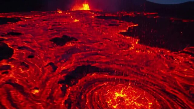 Panoramic vista of a volcanic landscape at twilight, with rivers of glowing lava illuminating the surrounding rugged, desolate environment. Grand Landscape