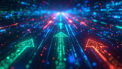 Digital Pathways: A dynamic visualization of technological progress, featuring illuminated arrows ascending amidst a vibrant network of data streams.