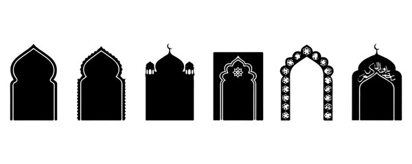 Islamic Mosque Arch Silhouette Set, Arabic Mihrab Window Door Shapes Vector