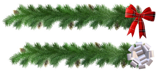 Long Christmas wreath with decorative bow. Transparency, 3D render, PNG.
