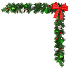 Christmas garland, wreath for corner with decorative bow and baubles. Transparency, 3D render, PNG.