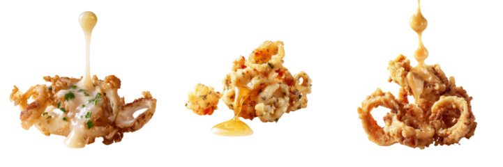Delicious fried calamari with sauce transparent background food photography close-up view