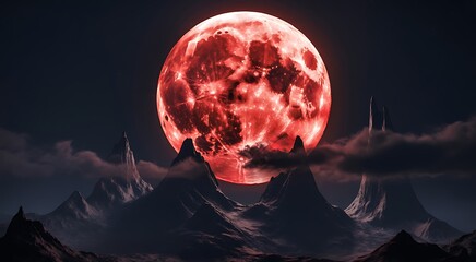 A dramatic view of a blood moon rising above dark jagged mountains