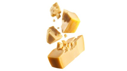 Hard aged cheese chunks suspended mid air crumbly texture yellow dairy food rustic background culinary ingredient