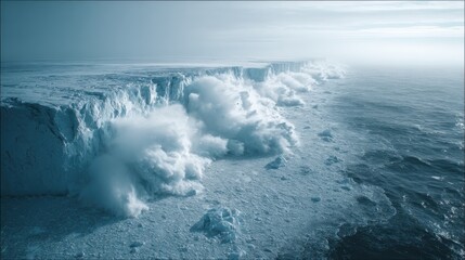 Naklejka premium A cinematic aerial shot over the Antarctic ocean, capturing a massive glacier slowly fracturing along the coast, enormous chunks of ice breaking off and crashing into the freezing sea 