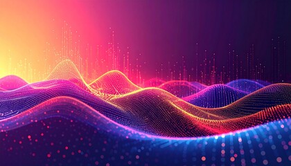 Futuristic city skyline with glowing digital waves and neon data streams at dusk