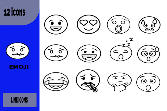 Thinking emoji face with hand on chin, love,smaill, sad. bad, clean line icon, monochrome vector design.

