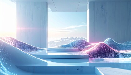 Futuristic cityscape with glowing skyscrapers and digital data visualization at dusk