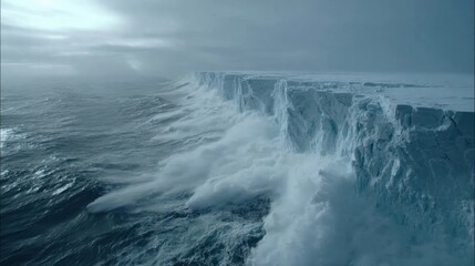 A cinematic aerial shot over the Antarctic ocean, capturing a massive glacier slowly fracturing along the coast, enormous chunks of ice breaking off and crashing into the freezing sea

