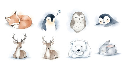 An adorable collection of sleeping wildlife, including woodland and arctic creatures, beautifully rendered in a soft Watercolor illustration style, perfect for tranquil design projects. © Choate