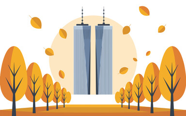 Twin towers with autumn trees and falling leaves vector