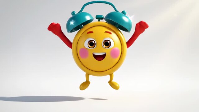 Happy alarm clock character jumps with joy raising arms. Animated clock emoji dances cheerfully. Cute cartoon alarm celebrates. Clock character jumps with happy emotion showing time excitement.