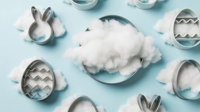 Artistic movement of bunny and egg cookie cutters on pastel background with fluffy texture