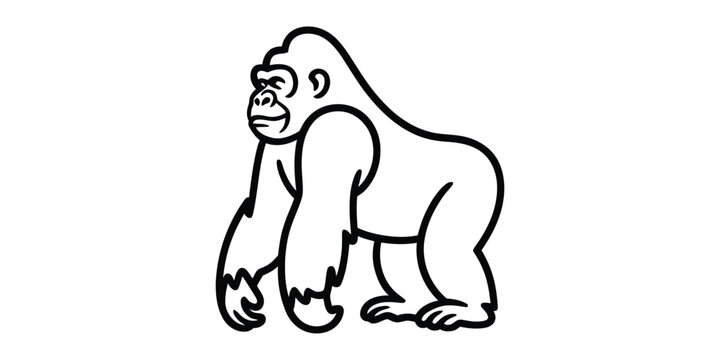 A strong gorilla line art illustration standing on its hind legs on a clean white background