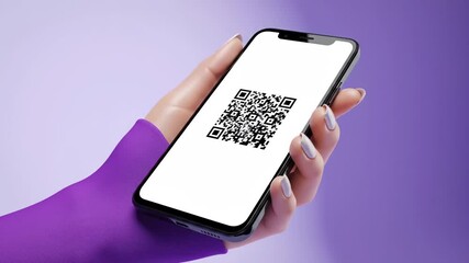 Hand holds smartphone showing QR code on screen. Phone displays scanning QR code for payment. Mobile phone with QR scanner app. Digital payment using QR code on smartphone. Hand scanning code.