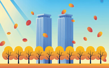 Autumn leaves falling near blue skyscrapers under a bright sky