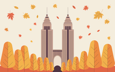 Twin Towers and Autumn Leaves Flat Illustration fall