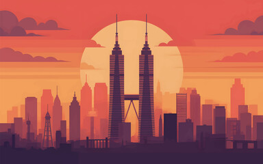 Twin Towers Skyline at Sunset with Orange Sky cityscape