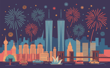 New York City skyline with fireworks and Brooklyn Bridge