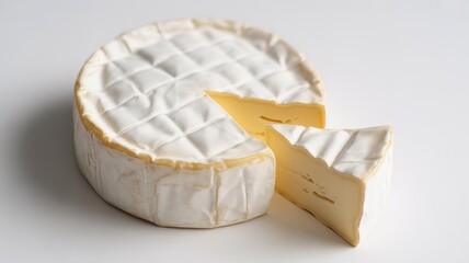 Whole Brie Camembert Cheese Wheel with Cut Slice Isolated on White Background Gourmet Soft Dairy Food Photography